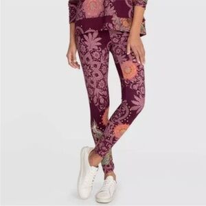 Johnny Was JW Los Angeles Legging Dragon Floral Print Burgundy Multicolor XS